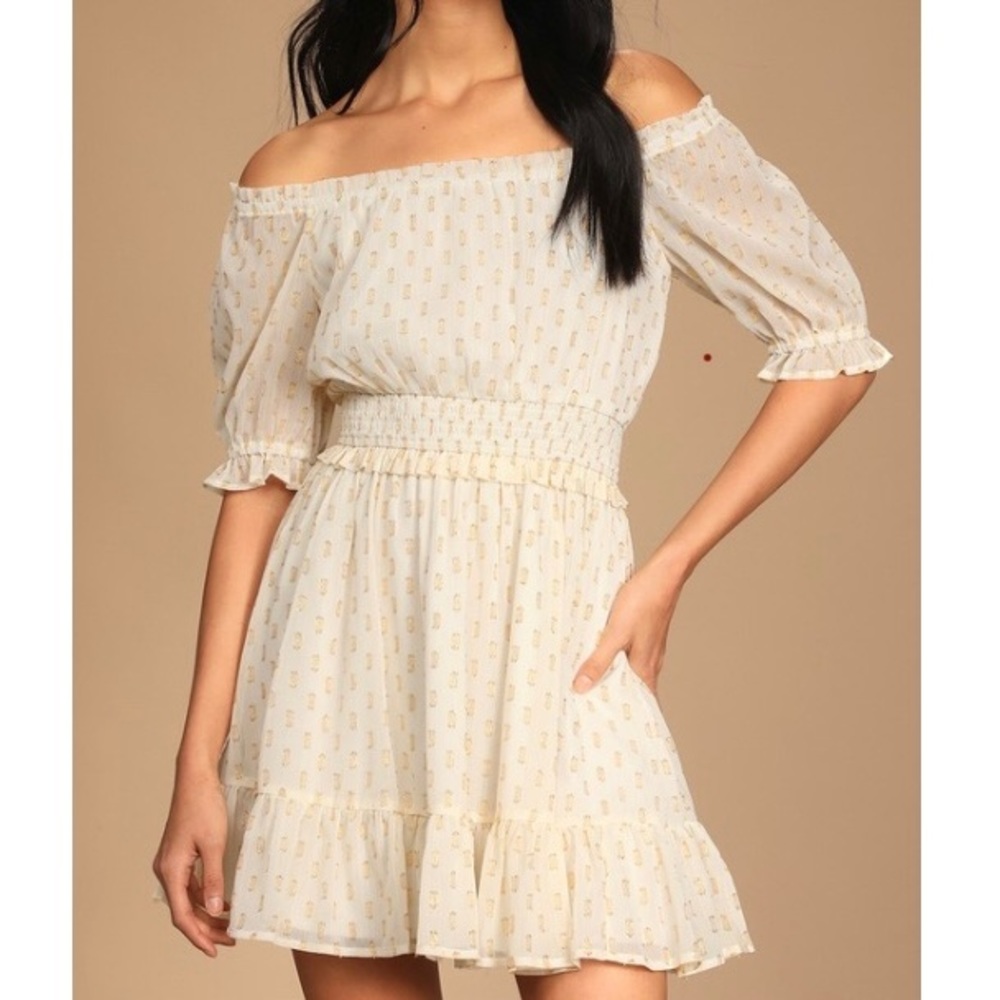 Lulu’s white dotted off-the-shoulder mini dress